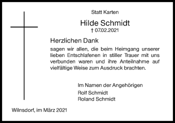 Traueranzeige von Hilde Schmidt von Siegener Zeitung