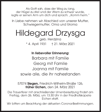 Traueranzeige von Hildegard Drzysga von Siegener Zeitung