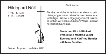 Traueranzeige von Hildegard Nöll von Siegener Zeitung