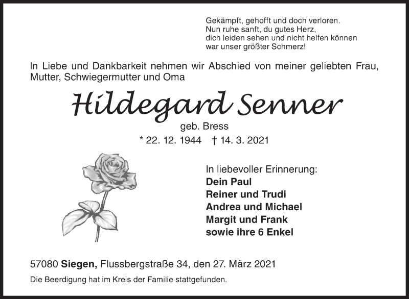  Traueranzeige für Hildegard Senner vom 27.03.2021 aus Siegener Zeitung