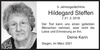 Traueranzeige von Hildegard Steffen von Siegener Zeitung