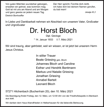 Traueranzeige von Horst Bloch von Siegener Zeitung