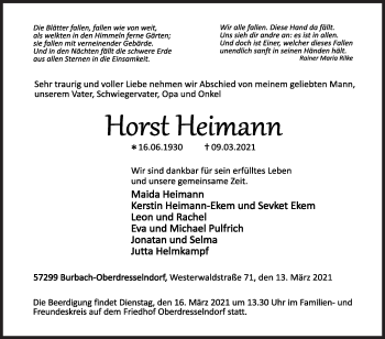 Traueranzeige von Horst Heimann von Siegener Zeitung