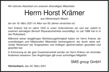 Traueranzeige von Horst Krämer von Siegener Zeitung