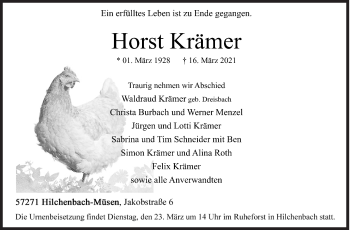 Traueranzeige von Horst Krämer von Siegener Zeitung