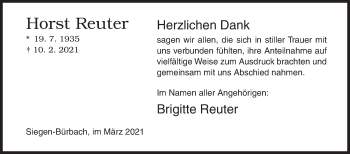 Traueranzeige von Horst Reuter von Siegener Zeitung