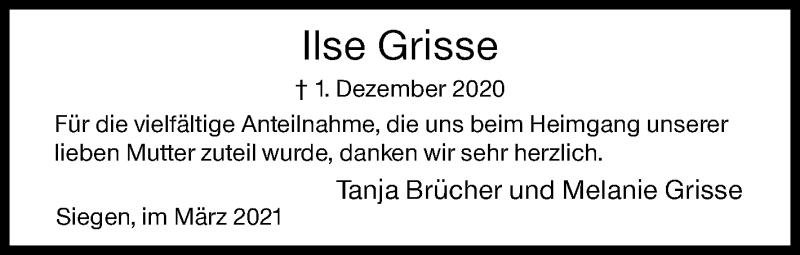  Traueranzeige für Ilse Grisse vom 02.03.2021 aus Siegener Zeitung