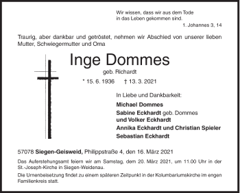 Traueranzeige von Inge Dommes von Siegener Zeitung