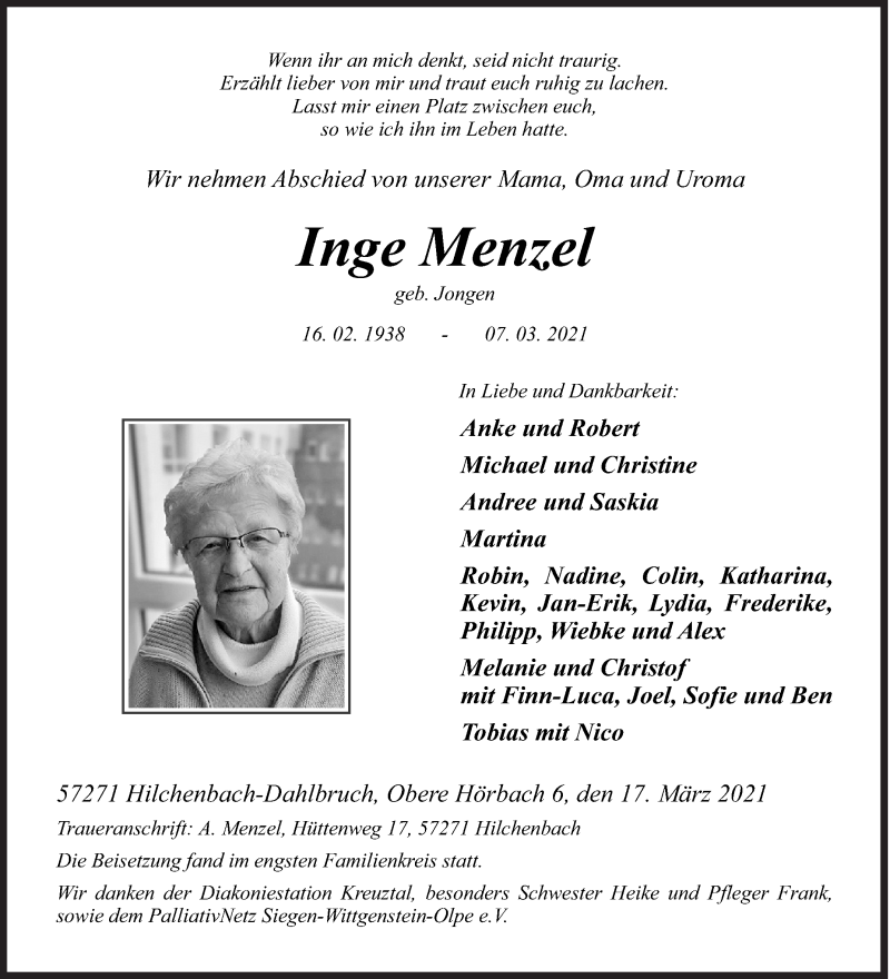  Traueranzeige für Inge Menzel vom 17.03.2021 aus Siegener Zeitung