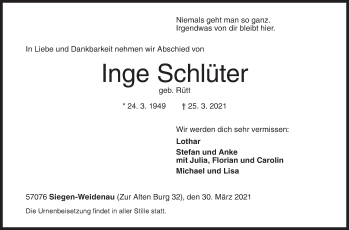 Traueranzeige von Inge Schlüter von Siegener Zeitung