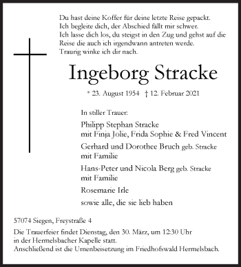 Traueranzeige von Ingeborg Stracke von Siegener Zeitung