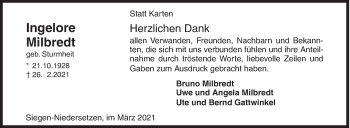 Traueranzeige von Ingelore Milbredt von Siegener Zeitung