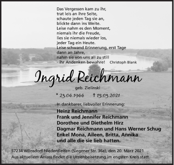 Traueranzeige von Ingrid Reichmann von Siegener Zeitung