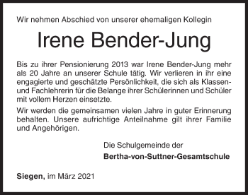 Traueranzeige von Irene Bender-Jung von Siegener Zeitung