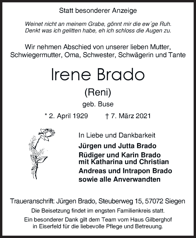  Traueranzeige für Irene Brado vom 10.03.2021 aus Siegener Zeitung