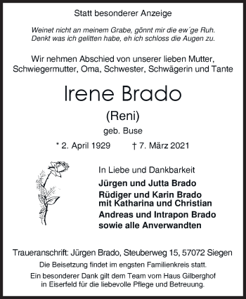 Traueranzeige von Irene Brado von Siegener Zeitung