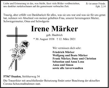 Traueranzeige von Irene Märker von Siegener Zeitung