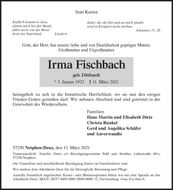 Traueranzeige von Irma Fischbach von Siegener Zeitung