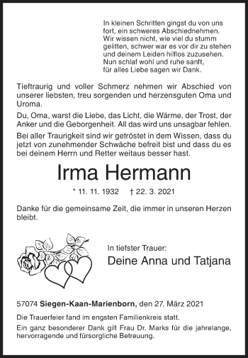 Traueranzeige von Irma Hermann von Siegener Zeitung