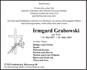 Traueranzeige von Irmgard Grabowski von Siegener Zeitung