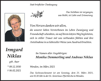 Traueranzeige von Irmgard Niklas von Siegener Zeitung