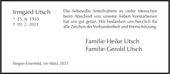 Traueranzeige von Irmgard Utsch von Siegener Zeitung