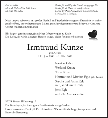 Traueranzeige von Irmtraud Kunze von Siegener Zeitung