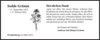 Traueranzeige von Isolde Grimm von Siegener Zeitung