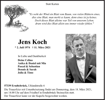Traueranzeige von Jens Koch von Siegener Zeitung