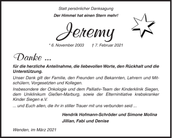 Traueranzeige von Jeremy  von Siegener Zeitung
