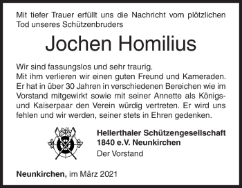 Traueranzeige von Jochen Homilius von Siegener Zeitung