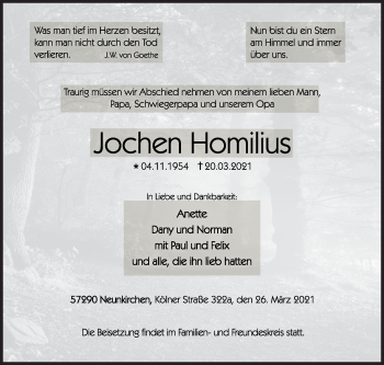 Traueranzeige von Jochen Homilius von Siegener Zeitung