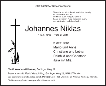 Traueranzeige von Johannes Niklas von Siegener Zeitung