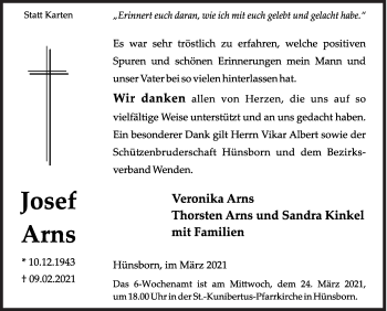 Traueranzeige von Josef Arns von Siegener Zeitung