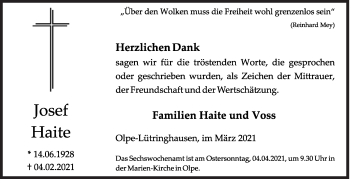 Traueranzeige von Josef Haite von Siegener Zeitung