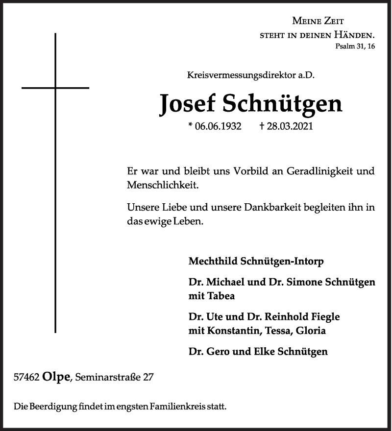  Traueranzeige für Josef Schnütgen vom 31.03.2021 aus Siegener Zeitung