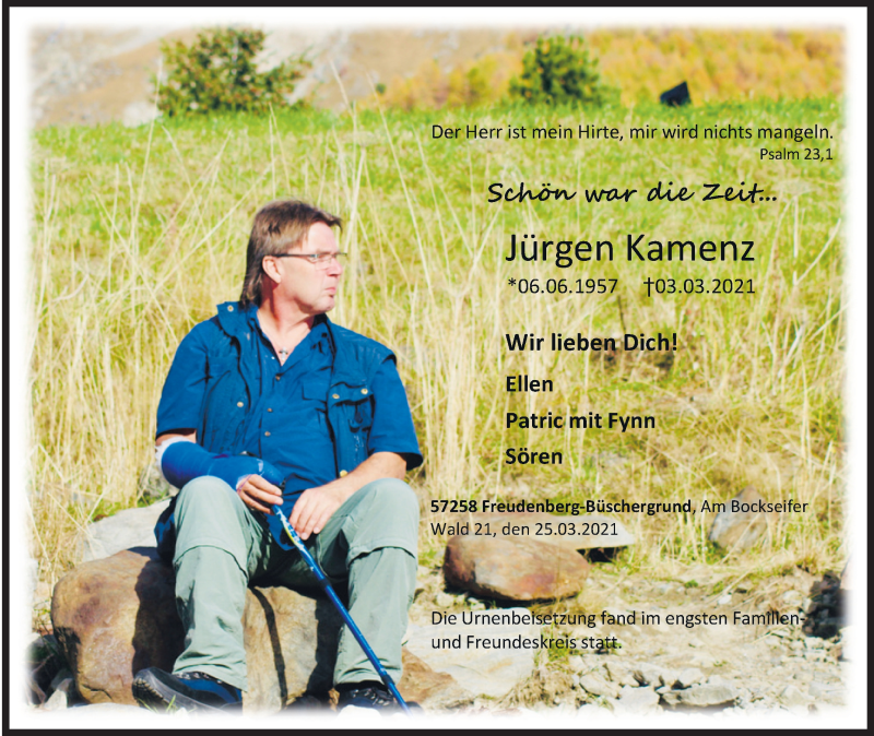  Traueranzeige für Jürgen Kamenz vom 27.03.2021 aus Siegener Zeitung