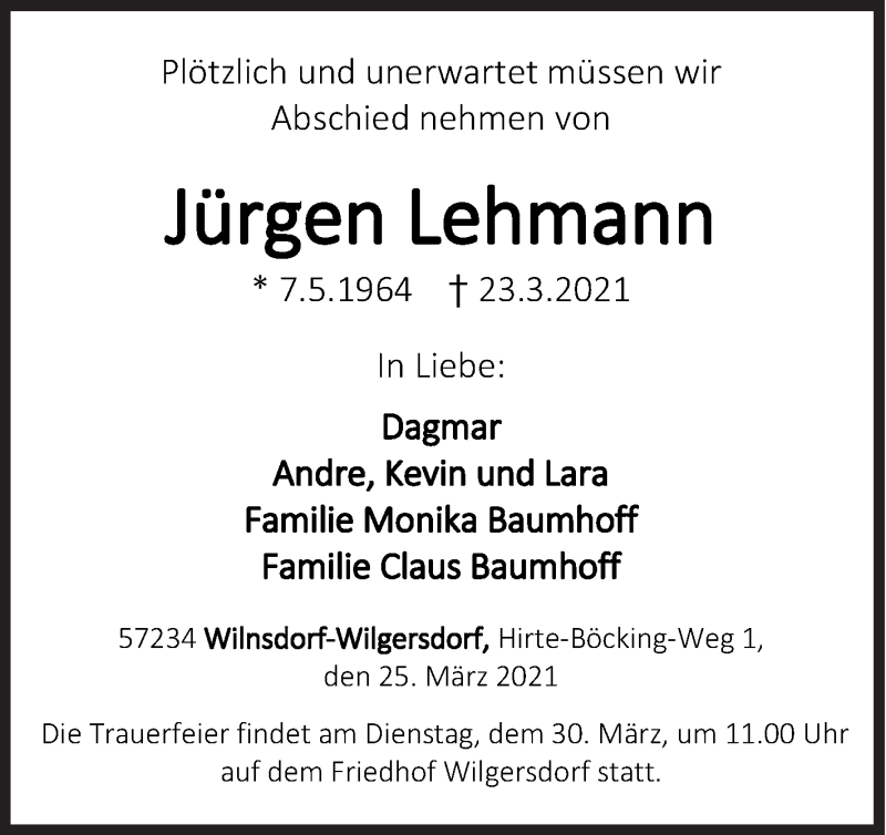  Traueranzeige für Jürgen Lehmann vom 25.03.2021 aus Siegener Zeitung