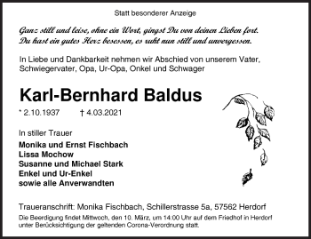 Traueranzeige von Karl-Bernhard Baldus von Siegener Zeitung