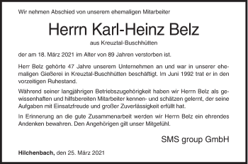 Traueranzeige von Karl-Heinz Belz von Siegener Zeitung