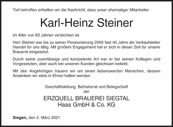 Traueranzeige von Karl-Heinz Steiner von Siegener Zeitung