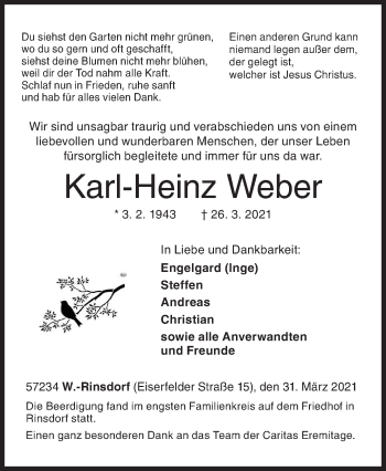 Traueranzeige von Karl-Heinz Weber von Siegener Zeitung