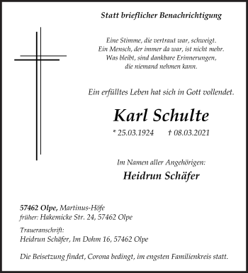 Traueranzeige von Karl Schulte von Siegener Zeitung
