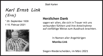 Traueranzeige von Karl Ernst Link von Siegener Zeitung