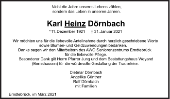 Traueranzeige von Karl Heinz Dörnbach von Siegener Zeitung