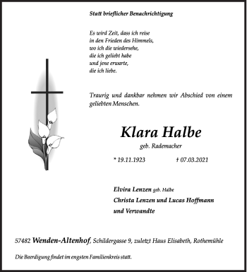 Traueranzeige von Klara Halbe von Siegener Zeitung