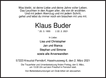 Traueranzeige von Klaus Buder von Siegener Zeitung