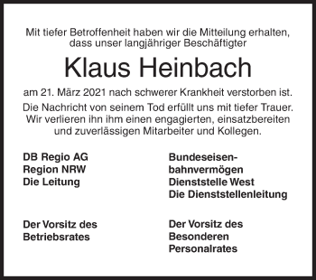 Traueranzeige von Klaus Heinbach von Siegener Zeitung