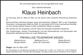Traueranzeige von Klaus Heinbach von Siegener Zeitung