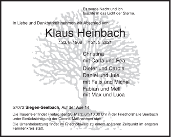 Traueranzeige von Klaus Heinbach von Siegener Zeitung